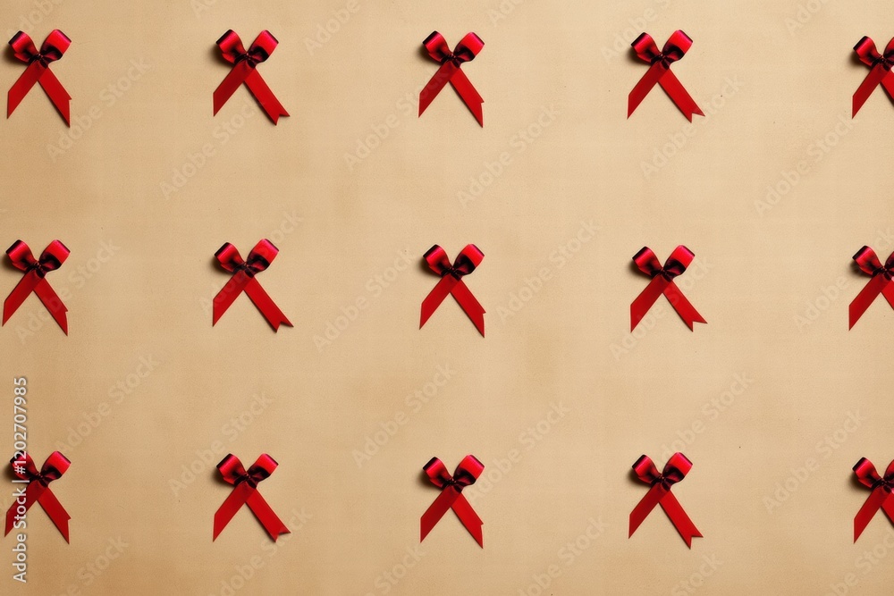Leinwandbilder red bows arranged in a neat pattern on a beige background for festive decoration ideas. generative a