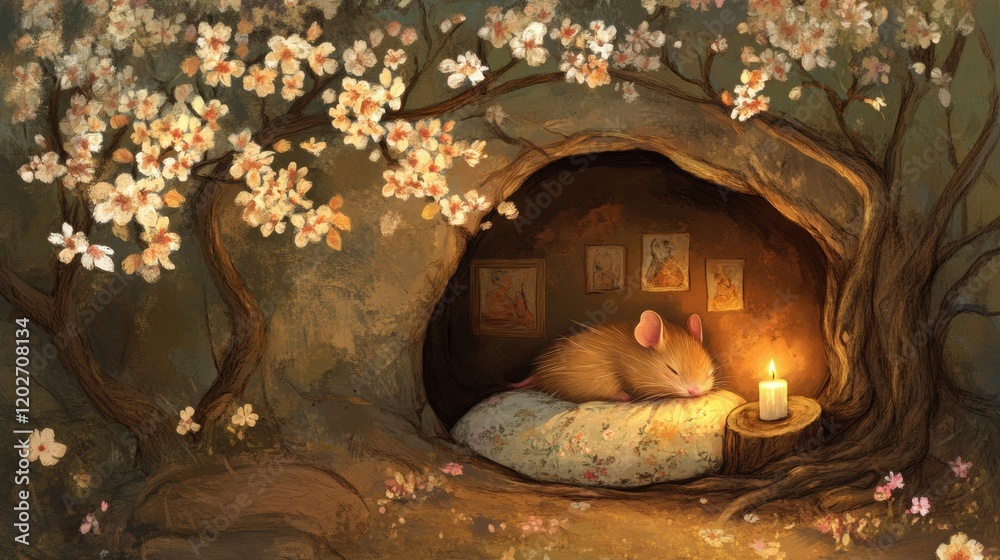 Aufkleber small mouse resting peacefully in a cozy burrow surrounded by flowers and soft candlelight. generati