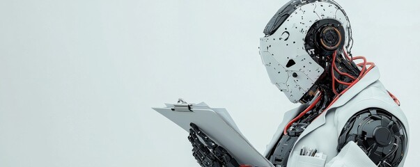 Futuristic robot reading data on clipboard in modern environment.