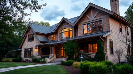 Luxury Dream Home: Stunning Stone and Wood Exterior at Dusk.  A perfect blend of modern design and classic elegance in a beautiful suburban setting.