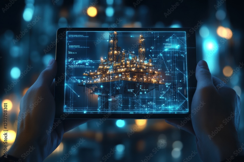 Aufkleber hands display a 3d oil rig model on a tablet within a technology enhanced environment at night. gene