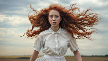 A beautiful young woman with wild red hair standing in a windy meadow. She is wearing a white button down dress. Blue sky and clouds in the background.