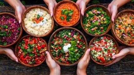 Fototapeta premium Diverse healthy salads shared, overhead view, rustic table, healthy eating