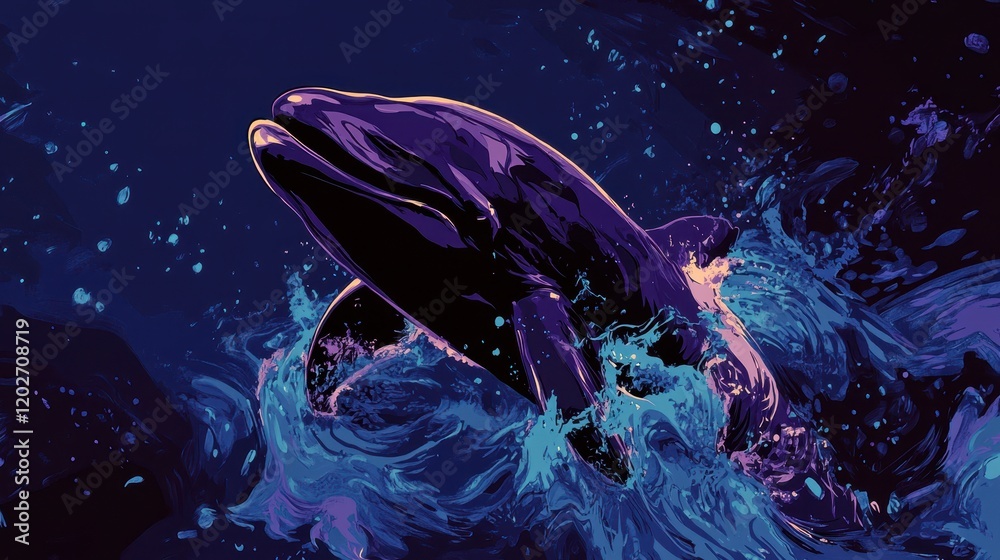 Sticker A Dark Purple Dolphin Leaps Through Ocean Waves