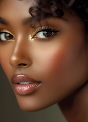 Close-up portrait of a mixed-race woman with curly hair, wearing gold earrings and small earrings, clear skin texture, visible skin pores, beauty photography