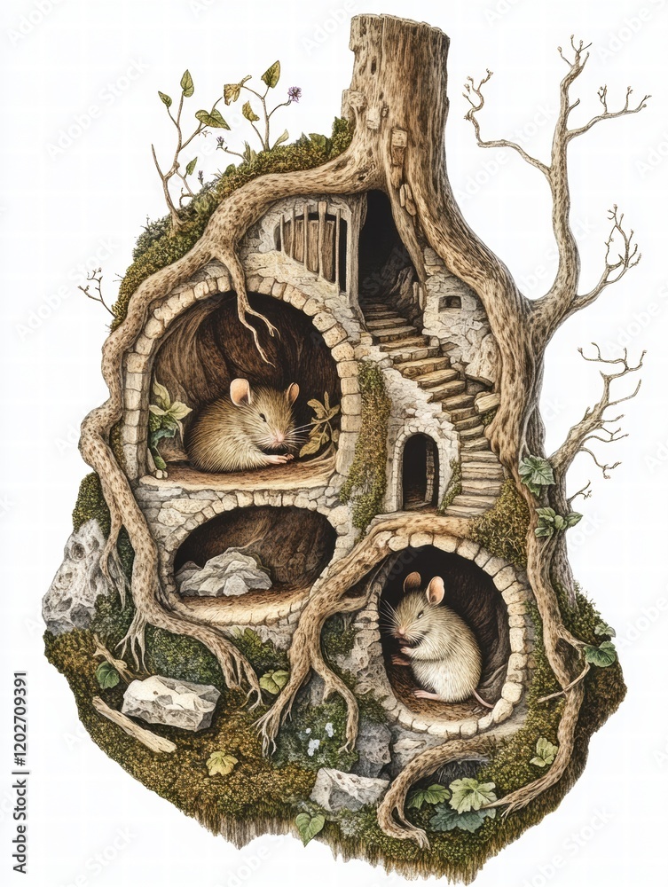 Poster Charming underground mouse habitat in a tree trunk with multiple chambers and a spiral staircase. Generative AI