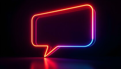 Neon-themed glowing speech bubble in purple and orange hues, set against a dark background with elegant lighting accents.