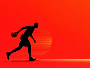 Obraz premium Silhouette of a basketball player dribbling against a vibrant sunset.
