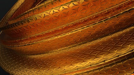 An abstract background of modern art featuring a golden metallic surface with sleek curves, showcasing an elegant and modern 3D rendering.