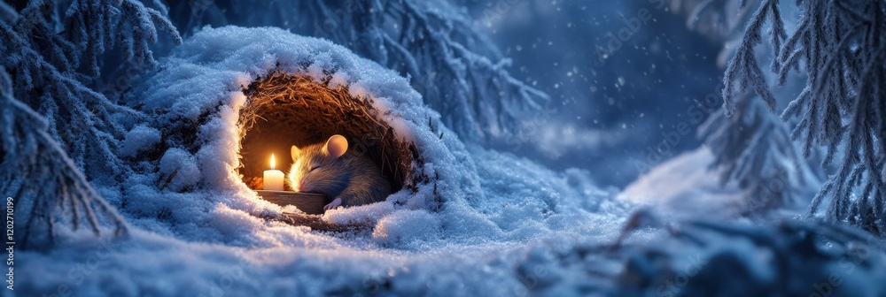 Poster cozy winter scene with a sleeping animal in a snowy burrow illuminated by soft candlelight. generati