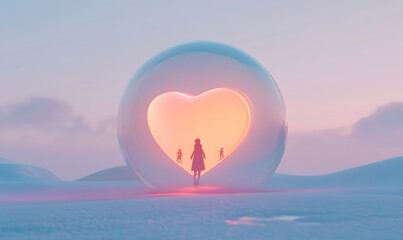 Fototapeta premium Girl silhouette inside heart-shaped sphere on snowy landscape at sunset.