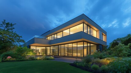 Inviting house with expansive windows and a lush green lawn spacious