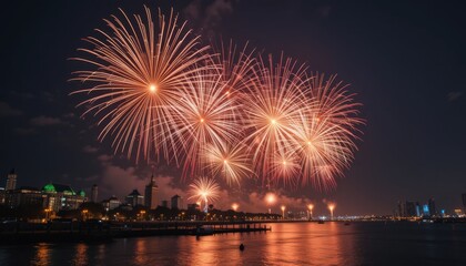 Fireworks explode over a city skyline at night