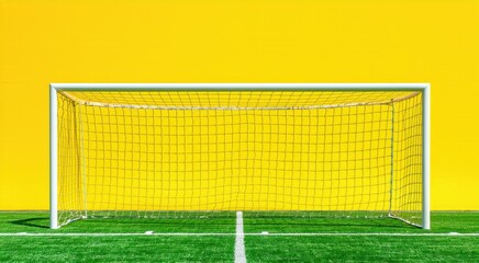 Soccer goal on a field with a yellow wall in the background