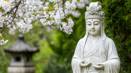 Obraz premium Tall Statue of a Chinese God in a Serene Garden Surrounded by Blossoming Flowers