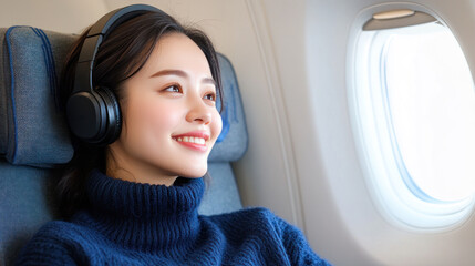 Chinese woman listening music enjoying flight and business trip by commercial plane