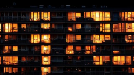 Urban landscapes come alive with glowing windows in the darkness.