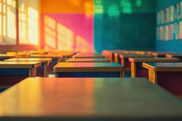 Obraz premium Empty classroom desks in colorful room. Image depicts education, learning, and back to school.