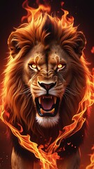 Fototapeta premium Roaring Lion with Flaming Mane: Fierce Lion in Fire Backdrop, Majestic Fiery Lion Art, Powerful Flaming Lion Portrait, Burning Lion Roar, Intense Lion Fire Image with Flames in Background