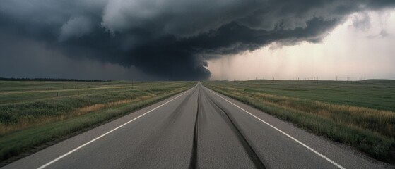 A lone highway stretches into the horizon under a dramatically stormy sky, evoking a sense of freedom and the unknown journey ahead.
