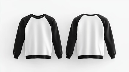 A 3D rendering of a white and black long-sleeve shirt mockup, showing both front and back views, set against a clean white background, perfect for print branding designs.