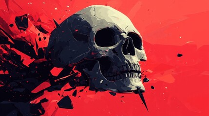 A Dark Skull Amidst Exploding Red Fragments