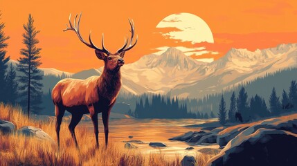 Majestic Elk at Sunset Mountain Landscape