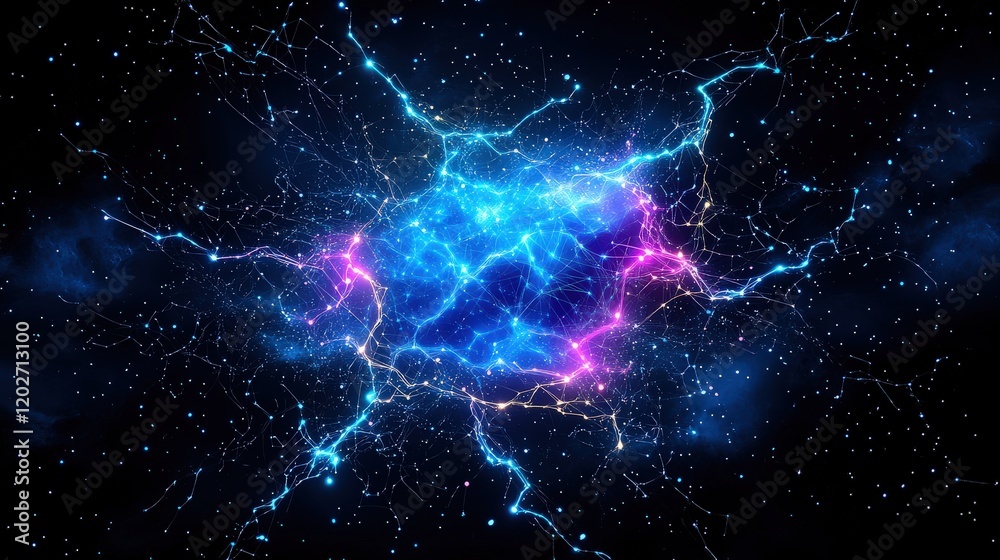 Poster a futuristic abstract tech design with interconnected glowing dots and lines forming a digital netwo
