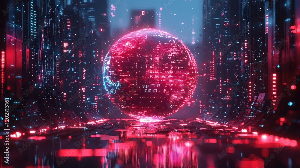 Poster a futuristic technology background featuring a holographic globe, data visualizations, and binary co
