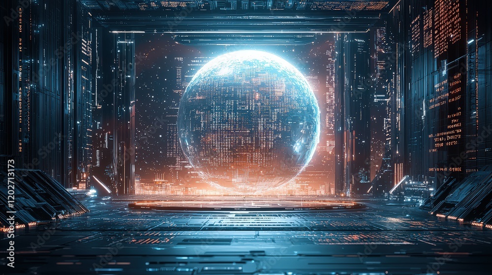 Poster a futuristic technology background featuring a holographic globe, data visualizations, and binary co