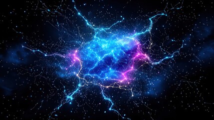 A futuristic abstract tech design with interconnected glowing dots and lines forming a digital network in bold electric blue colors