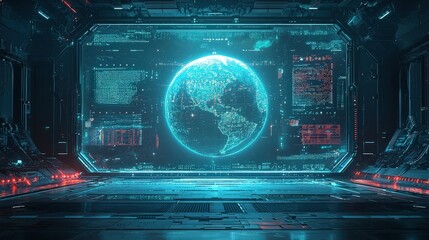 Fototapeta premium A futuristic technology background featuring a holographic globe, data visualizations, and binary code overlay, set in a dark sci-fi environment