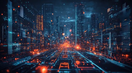 Fototapeta premium A high-resolution futuristic cityscape with glowing skyscrapers, flying cars, and a digital interface overlay that highlights advanced technology