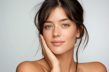 Naklejka premium Natural Beauty Close-Up Portrait of a Young Woman with Radiant Skin and Delicate Features in Soft Lighting