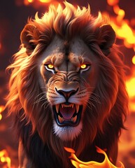 Naklejka premium Roaring Lion with Flaming Mane: Fierce Lion in Fire Backdrop, Majestic Fiery Lion Art, Powerful Flaming Lion Portrait, Burning Lion Roar, Intense Lion Fire Image with Flames in Background