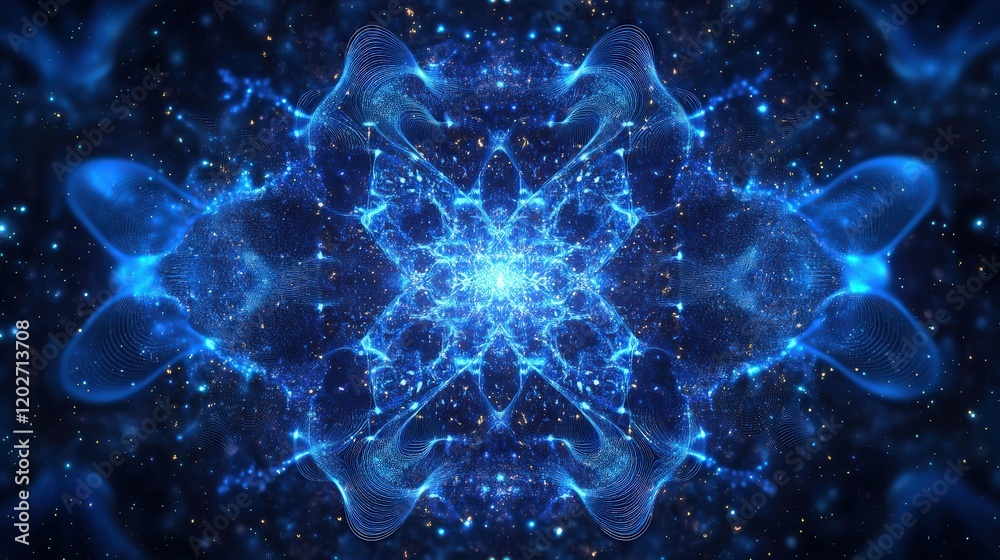 Poster abstract glowing blue digital background with flowing waveforms and luminous nodes, creating a sense