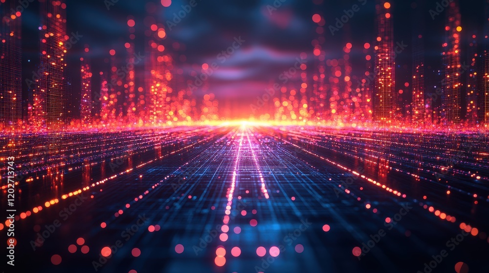 Poster an abstract digital grid with dynamic glowing effects and intersecting lines, creating a futuristic 