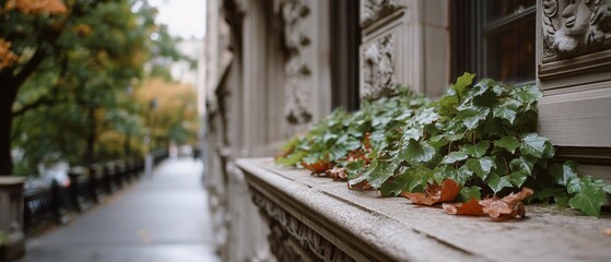 Ivy cascades down an ornate windowsill of a historic building, adding a touch of nature's elegance to urban architecture.