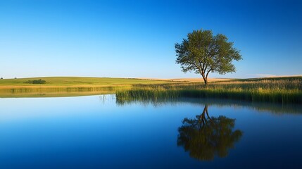 Fototapeta premium Serene Landscape Featuring A Solitary Tree By Still Water