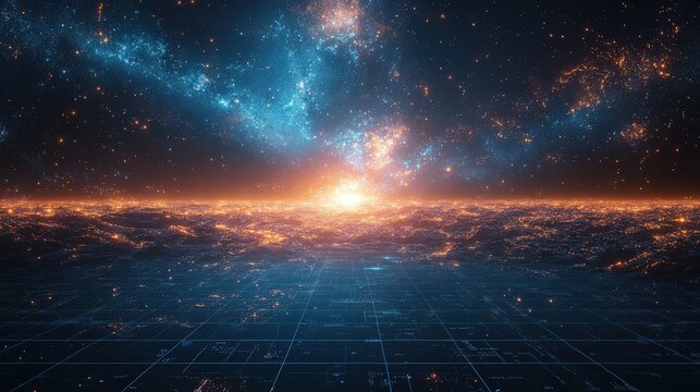 Abstract glowing-blue VR interface with a grid floor, floating digital elements, and a seamless modern design.