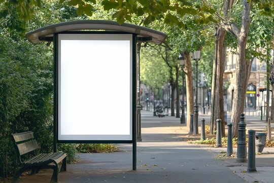 Bus stop billboard Mockup in empty street in Paris. Parisian style hoarding advertisement close to a park in beautiful city