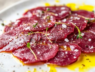 Obraz premium Close-up of Venison Carpaccio under bright studio lighting, capturing the freshness of the venison drizzled with olive oil and salt