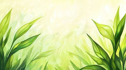   A close-up shot of a green plant with leaves against a white and yellow background, featuring space for text insertion