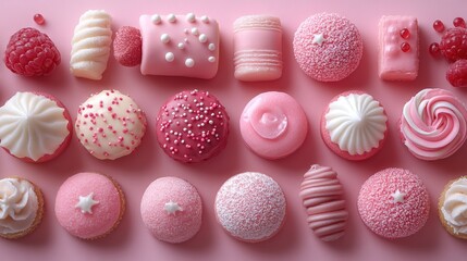 An assortment of pink-themed desserts arranged aesthetically on a pastel background.