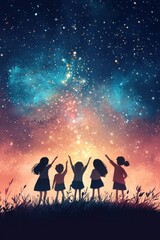 Fototapeta premium Illustration of women forming a glowing ladder toward the stars