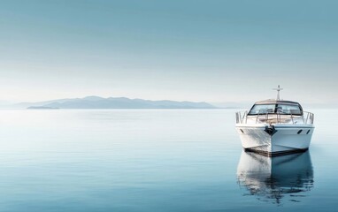 A tranquil scene features a boat gently resting on still waters, reflecting soft morning light and distant mountain silhouettes. The atmosphere is peaceful and serene, ideal for relaxation