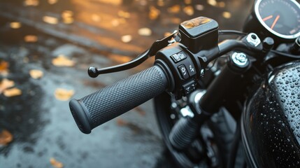 Close-up of a Black Motorcycle Handlebar on a Rainy Autumn Day