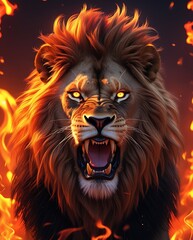 Naklejka premium Roaring Lion with Flaming Mane: Fierce Lion in Fire Backdrop, Majestic Fiery Lion Art, Powerful Flaming Lion Portrait, Burning Lion Roar, Intense Lion Fire Image with Flames in Background