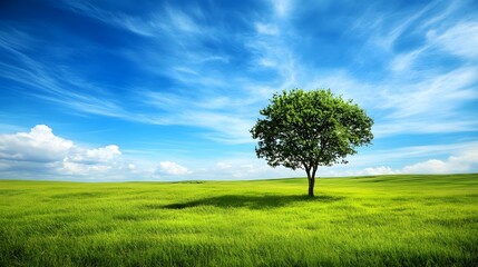 Obraz premium Solitary Tree in a Verdant Grassy Field Under a Blue Sky