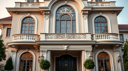 Fototapeta premium Magnificent Mansion: A Glimpse into Architectural Grandeur. This luxurious estate showcases classic elegance, with grand features and ornate detailing. A true masterpiece of residential design.